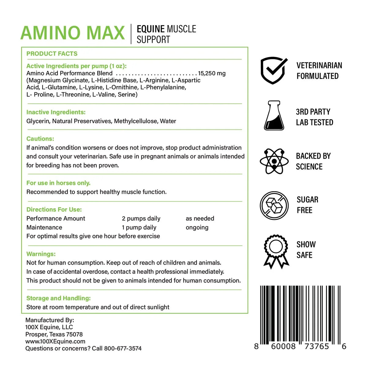 Amino-MAX Product Facts panel: active ingredients, directions for use, warnings