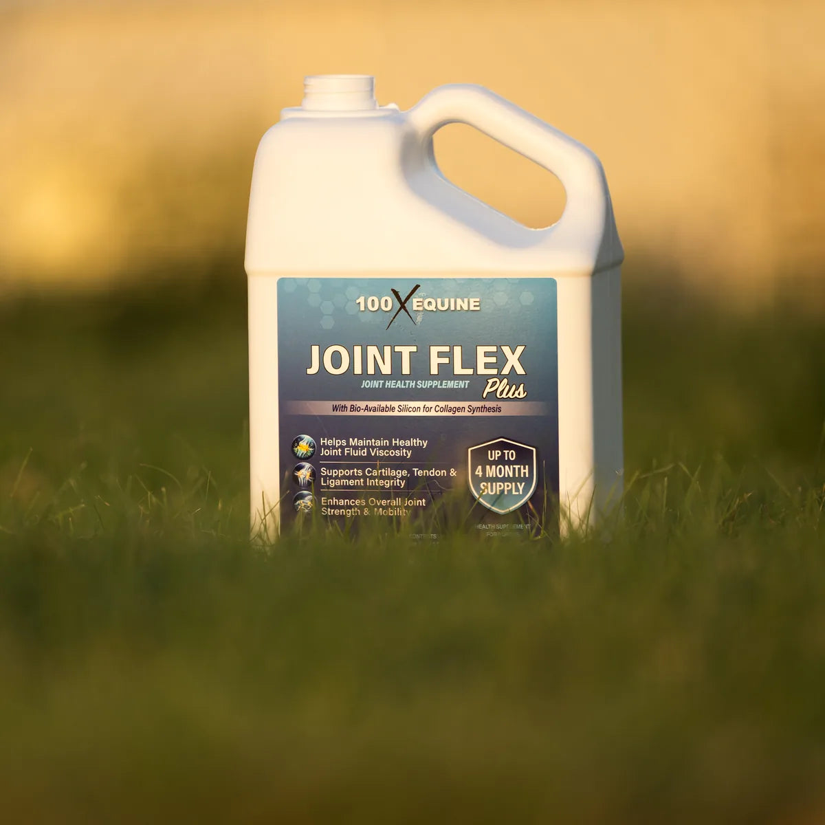 Joint Flex Plus 1 gallon jug in a pasture at golden hour