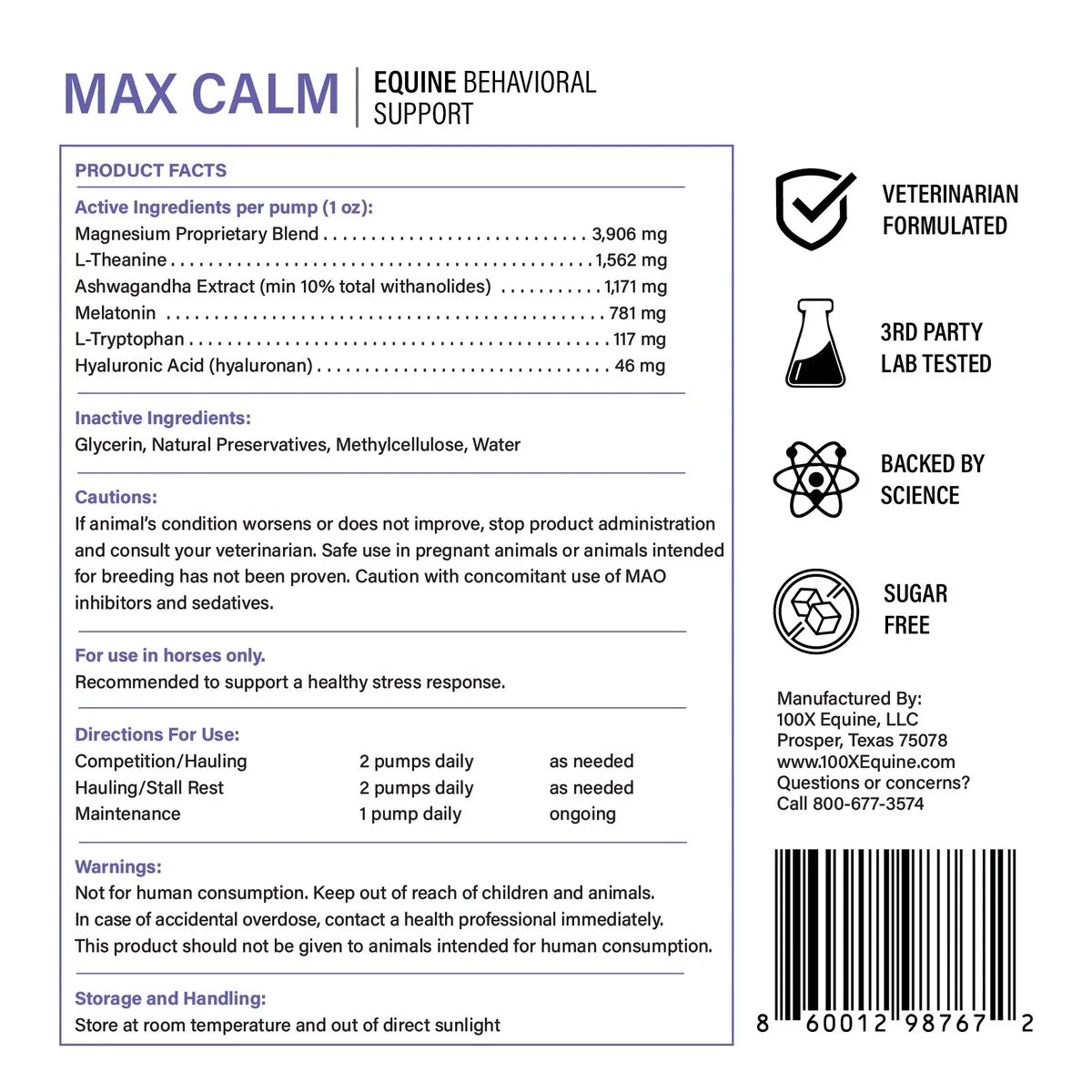 Max Calm Product Facts panel: active ingredients, directions for use, warnings