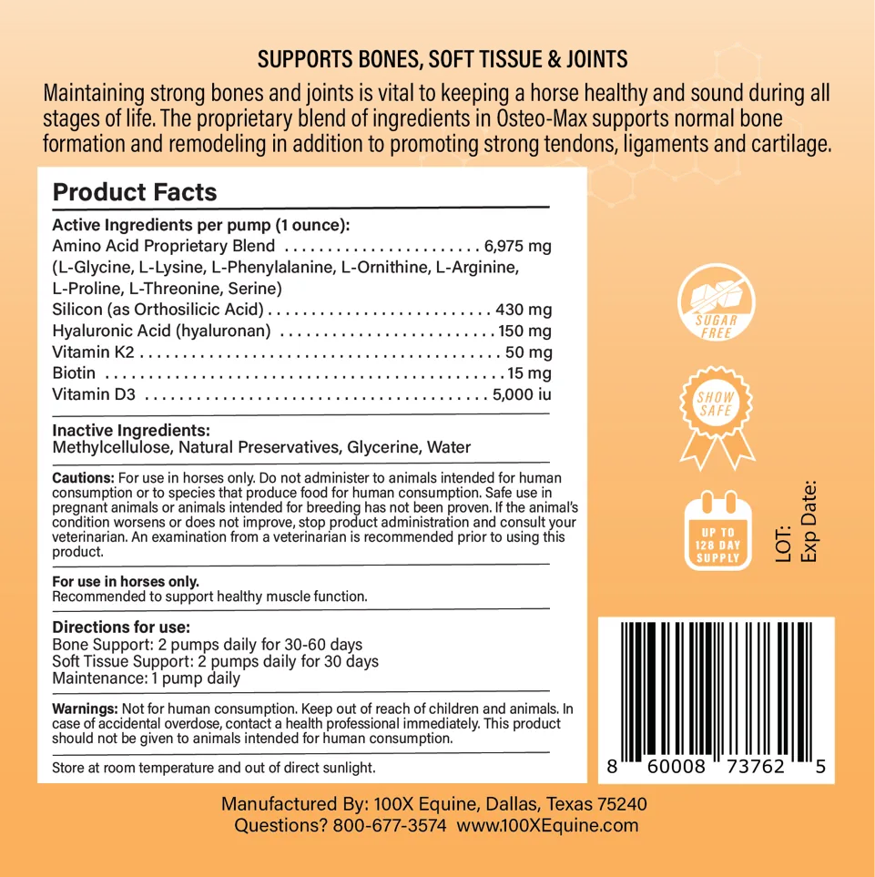 Osteo-MAX 1 gallon back label: all seven actives per one ounce pump, directions and warnings