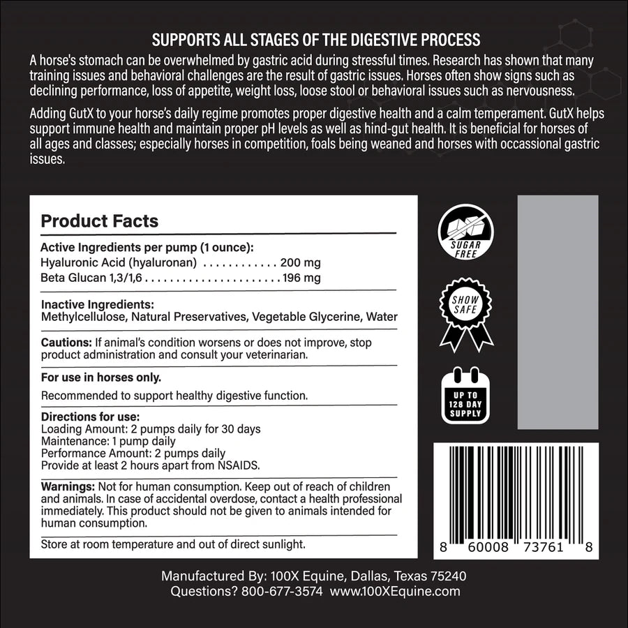 Gut X 1 gallon back label: beta glucan and hyaluronic acid per one ounce pump, directions and warnings