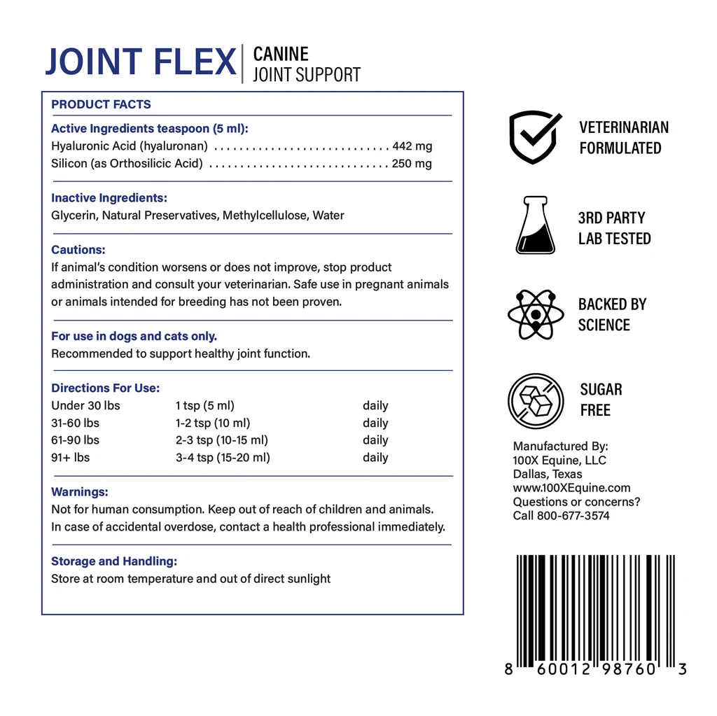 Joint Flex Canine back label: hyaluronic acid and silicon per teaspoon, directions by weight, cautions and warnings